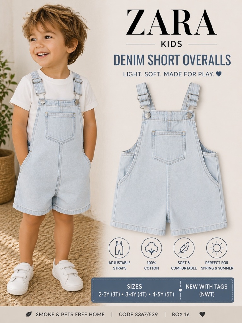 ZARA Kids Light Wash Denim Short Overalls NWT 3T 5T Gender Neutral